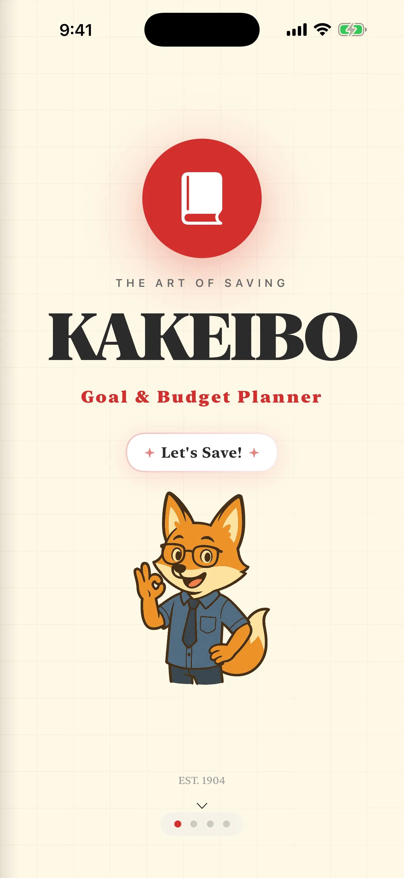 The Kakeibo app opening screen, with the wordmark and the date the method was first published