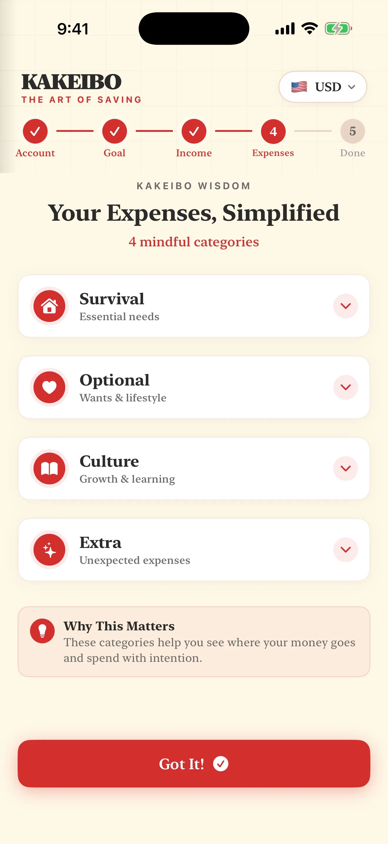 The Kakeibo app listing the four categories, Survival, Optional, Culture and Extra, each with a one line description